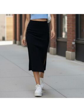 Vintage 90s Y2K Faux Suede Black Midi Skirt Sz S Stretchy Straight Pencil Slit